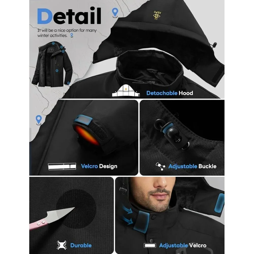 Men's Black Waterproof Winter Warm Snow Coat Fleece Lined Hiking Ski Jacket